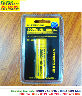 Nitecore NL1836; Pin sạc 18650 lithium 3.7v-Max 4.2v Nitecore NL1836 (3600mAh Nội trở 12.96Wh, 3A)